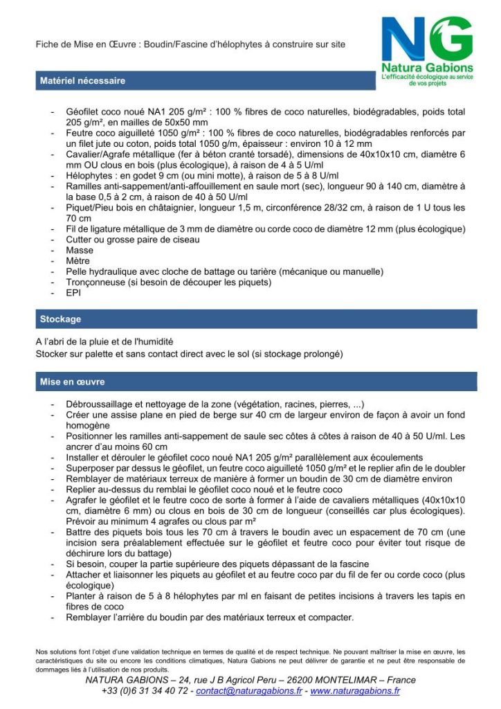 Fiche de Mise en oeuvre Boudin Fascine d’hélophytes à construire sur site Natura Gabions