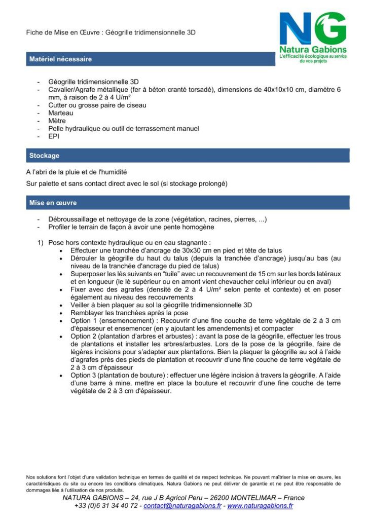 Fiche de Mise en oeuvre Geogrille tridimensionnelle 3D Natura Gabions