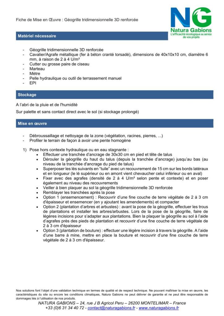 Fiche de Mise en oeuvre Géogrille tridimensionnelle 3D renforcée Natura Gabions