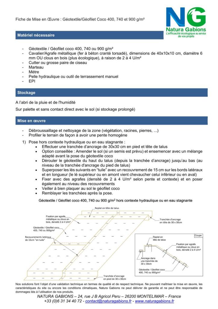 Fiche de Mise en oeuvre Géotextile Géofilet Coco 400, 740 et 900 g par m² Natura Gabions