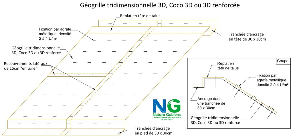 Coupe type Géogrille tridimensionnelle 3D, Coco 3D ou 3D renforcée