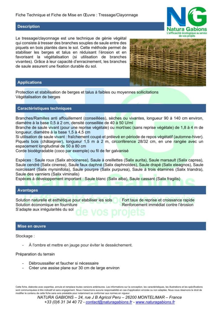 fiche technique et mise en oeuvre Tressage Clayonnage