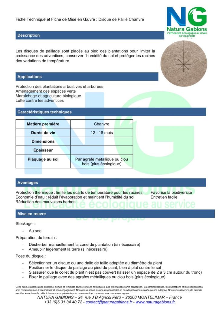 fiche technique et mise en oeuvre disque de paillage chanvre