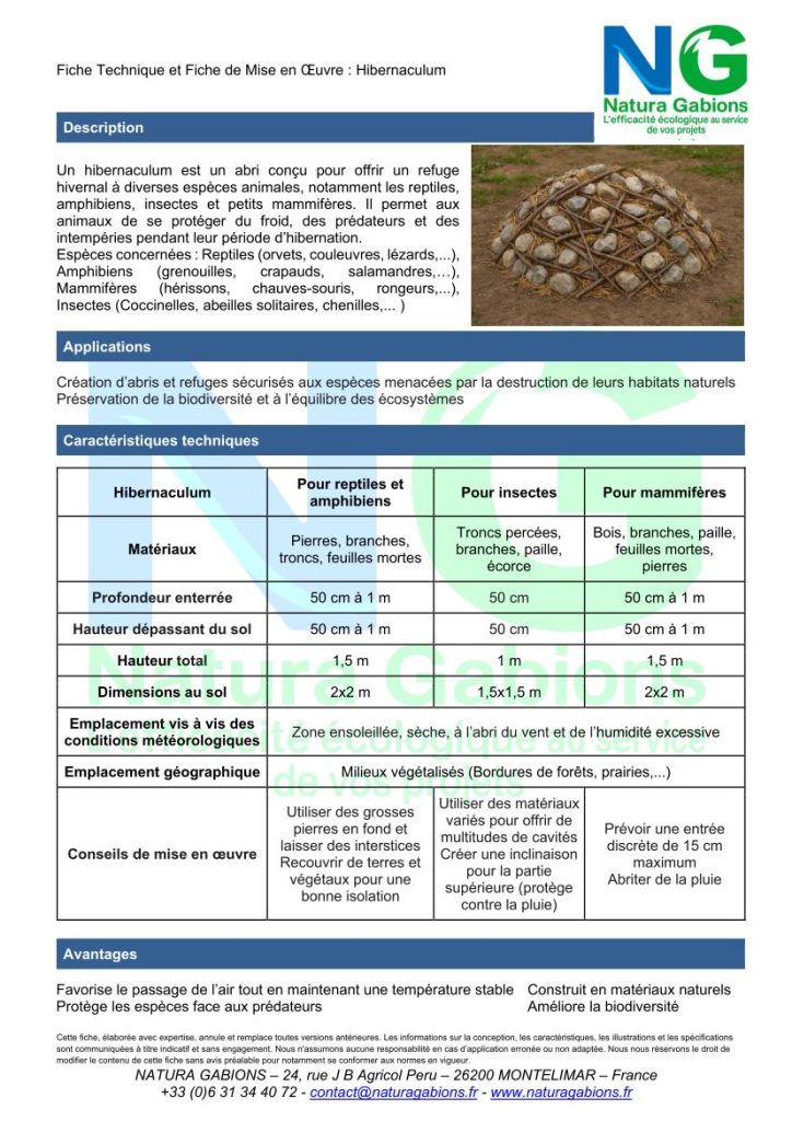 fiche technique et mise en oeuvre hibernaculum