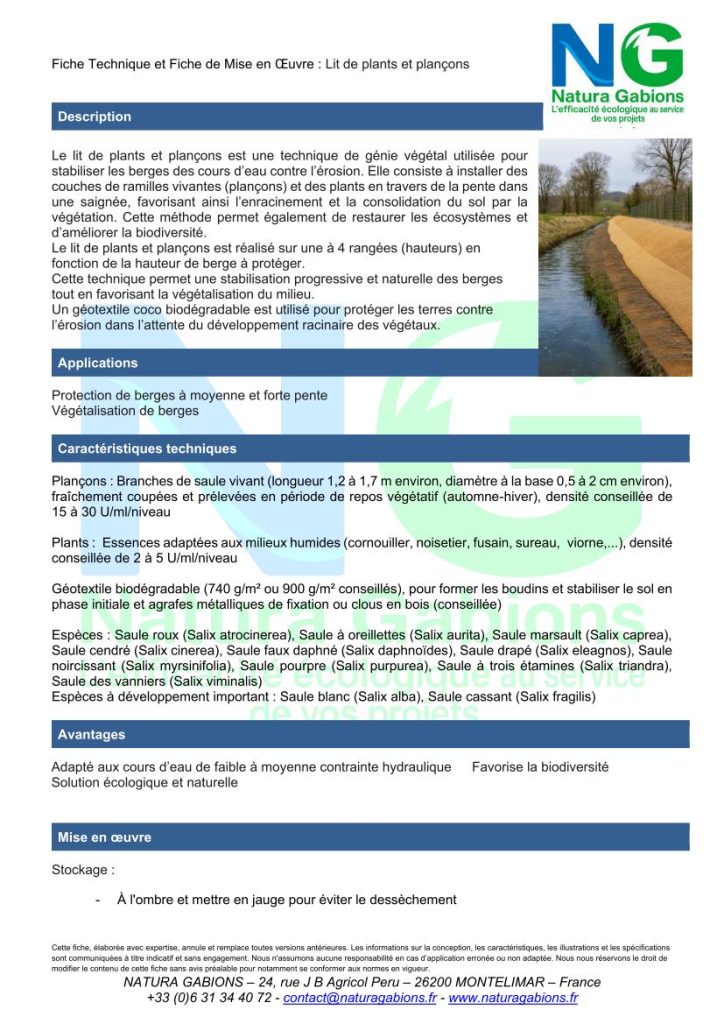 fiche technique et mise en oeuvre lit de plants et plançons