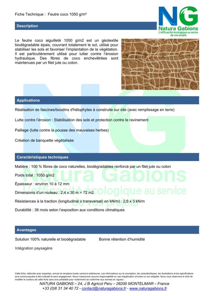 fiche technique feutre coco 1050 g/m²