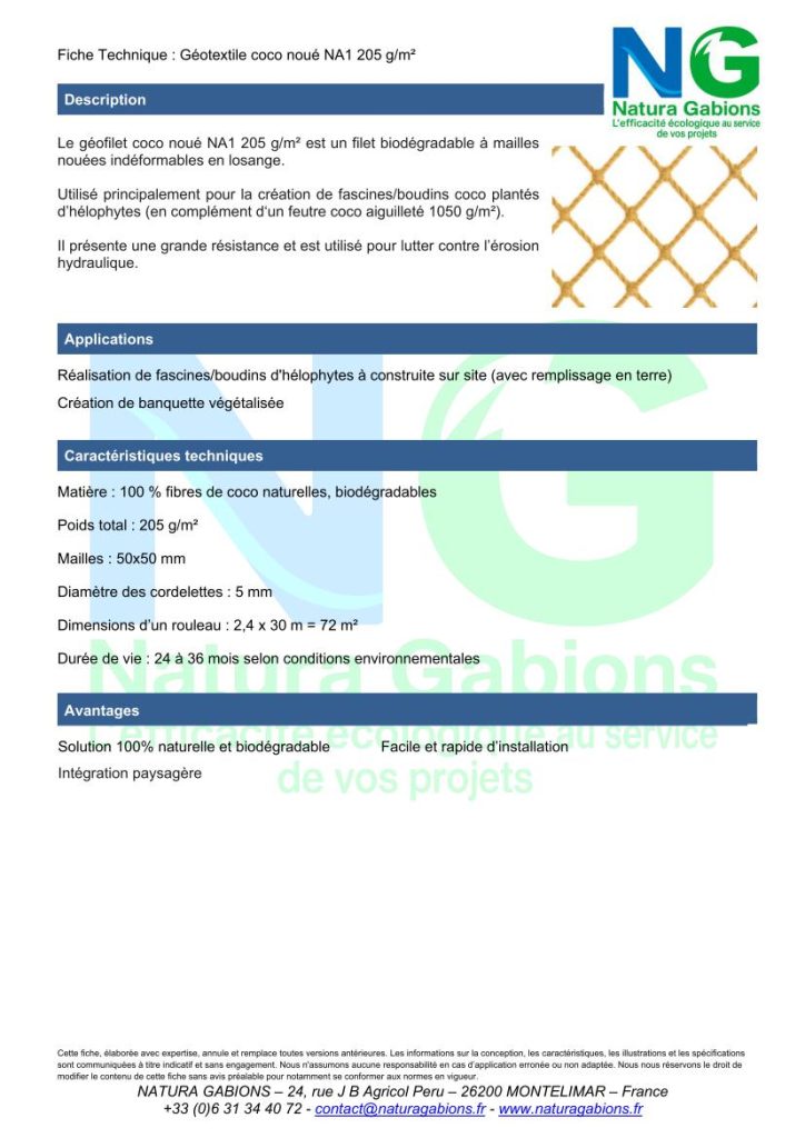 fiche technique geotextile coco noué NA1 205