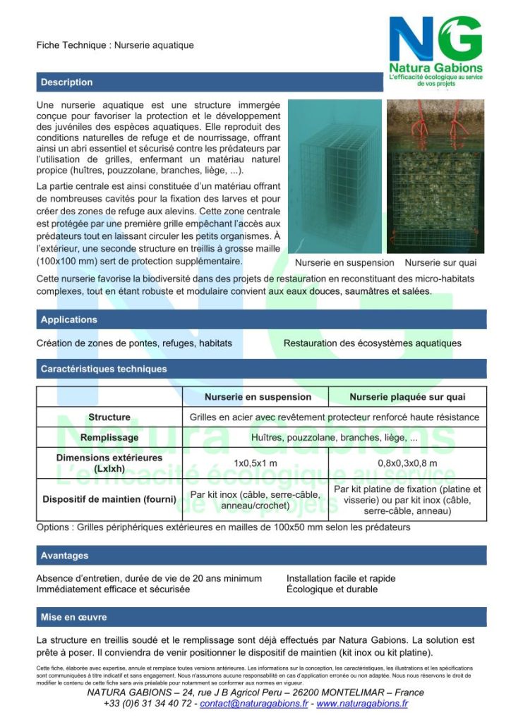 fiche technique nurserie aquatique