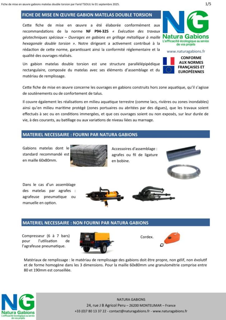 fiche mise en oeuvre gabions matelas double torsion Natura Gabions
