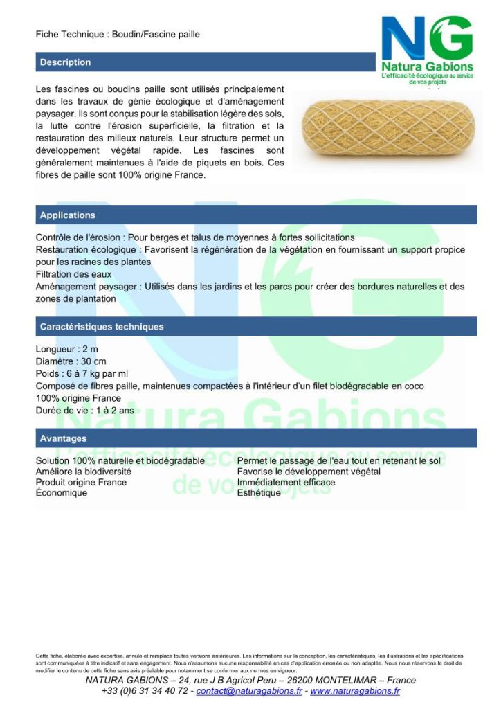 Fiche technique boudin fascine paille Natura Gabions