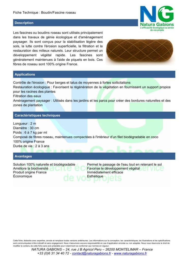 Fiche technique boudin fascine roseau Natura Gabions