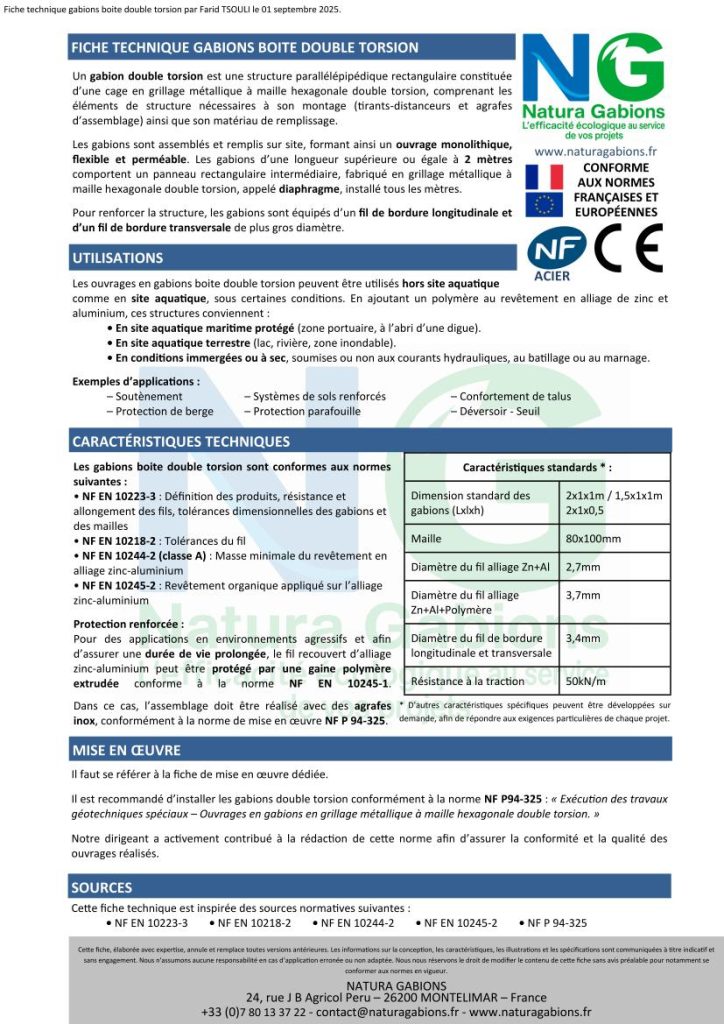 fiche technique gabions boite double torsion Natura Gabions