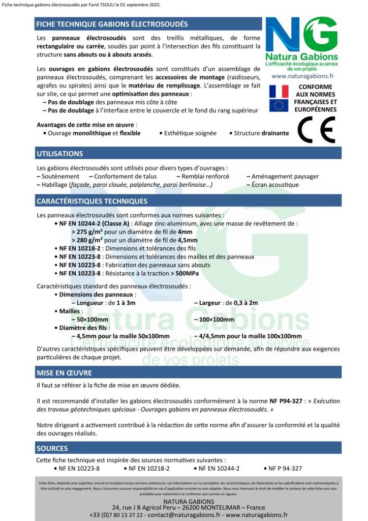fiche technique gabions electrosoudes Natura Gabions