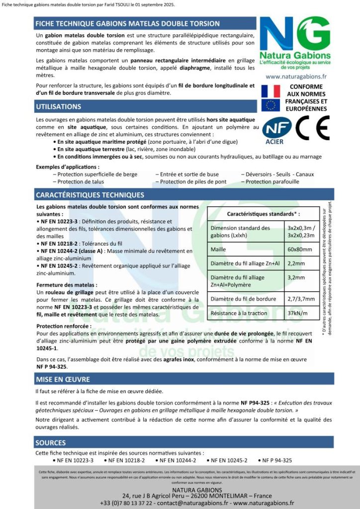 fiche technique gabions matelas double torsion Natura Gabions