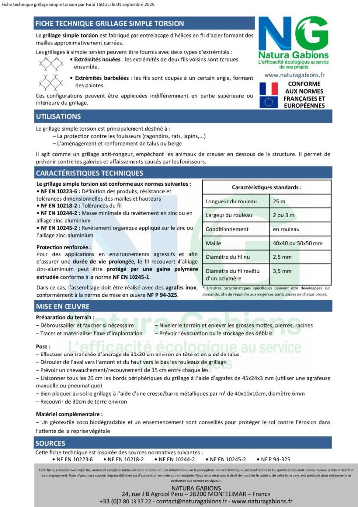 fiche technique grillage simple torsion Natura Gabions
