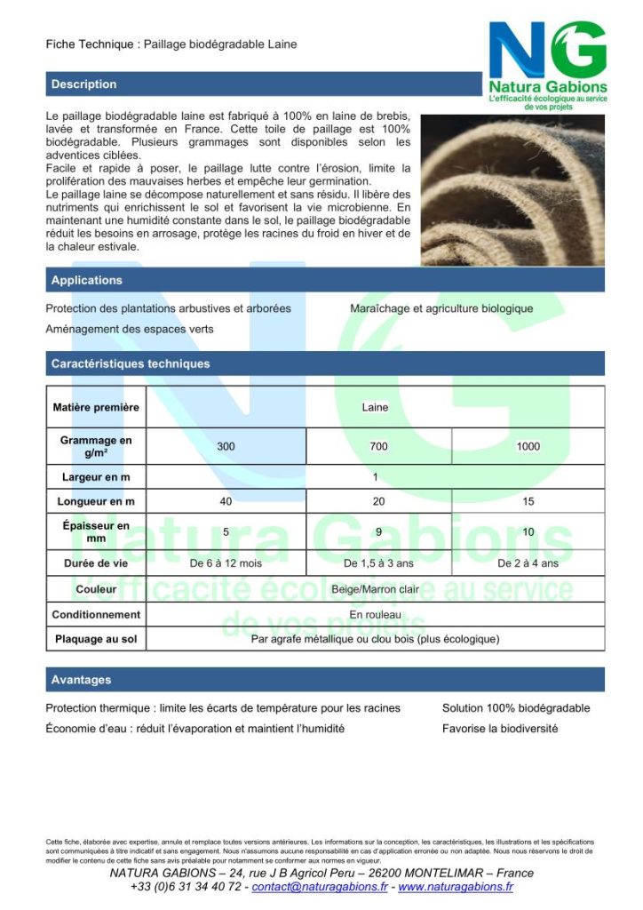 Fiche technique paillage biodegradable laine Natura Gabions